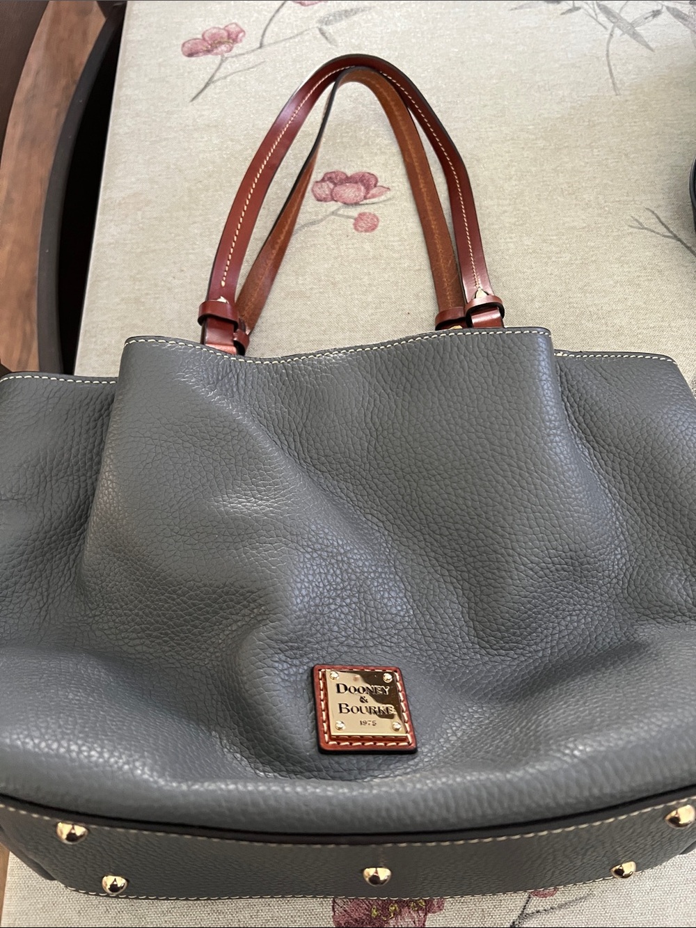 Dooney & Bourke Gray Pebbled Leather Tote with Brown Handles